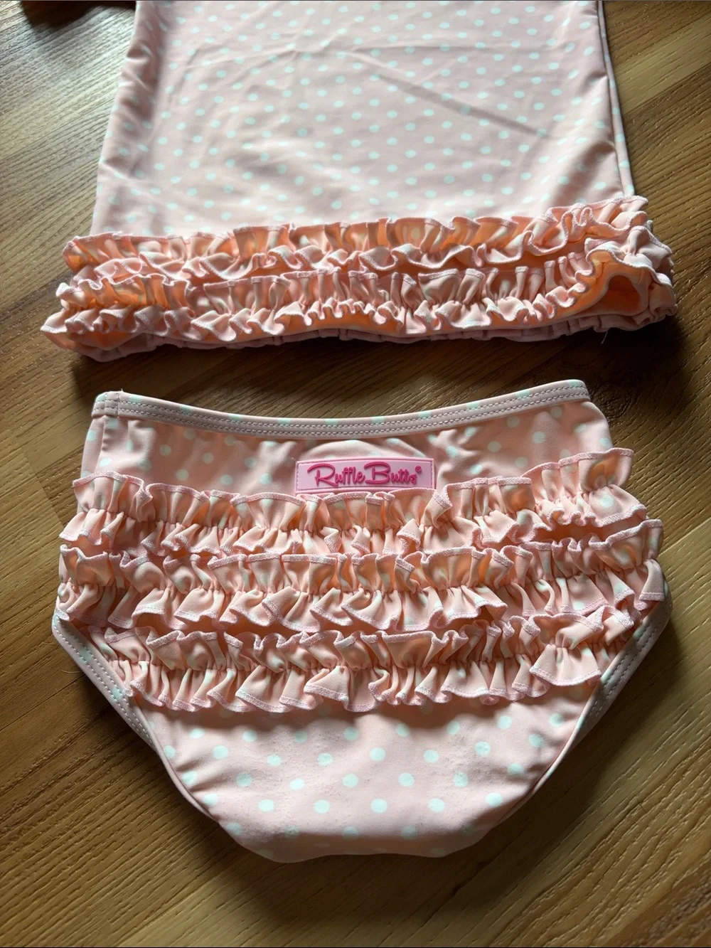RuffleButts Toddler Girls Rash Guard 2-Piece Swimsuit Pink Polka Dot